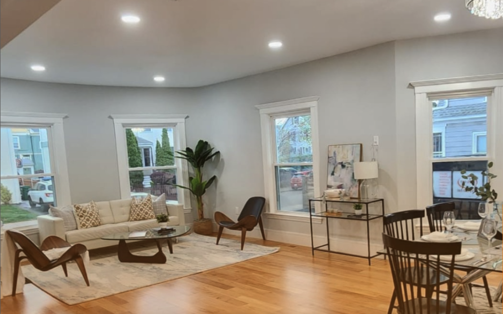 Living room and dining spaces